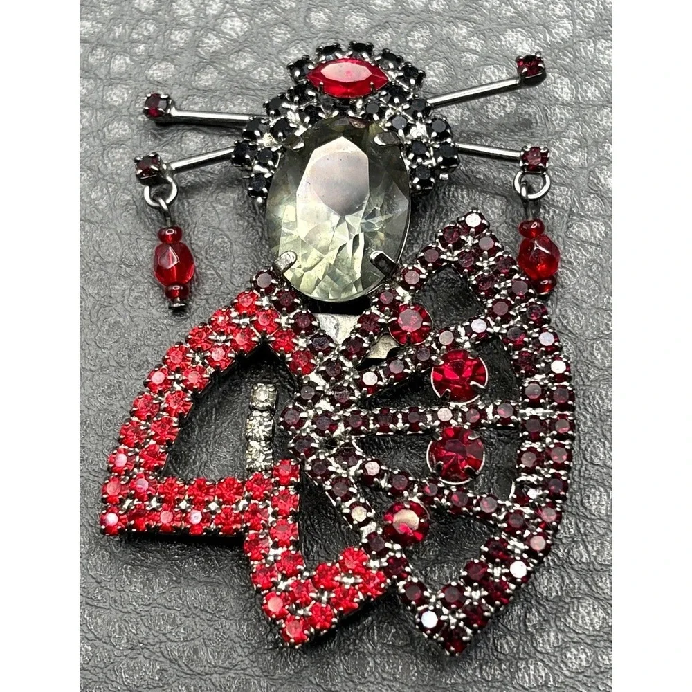 Rare Vintage Geisha Girl with Fan Red Grey Crystal Rhinestone Silver Tone Brooch